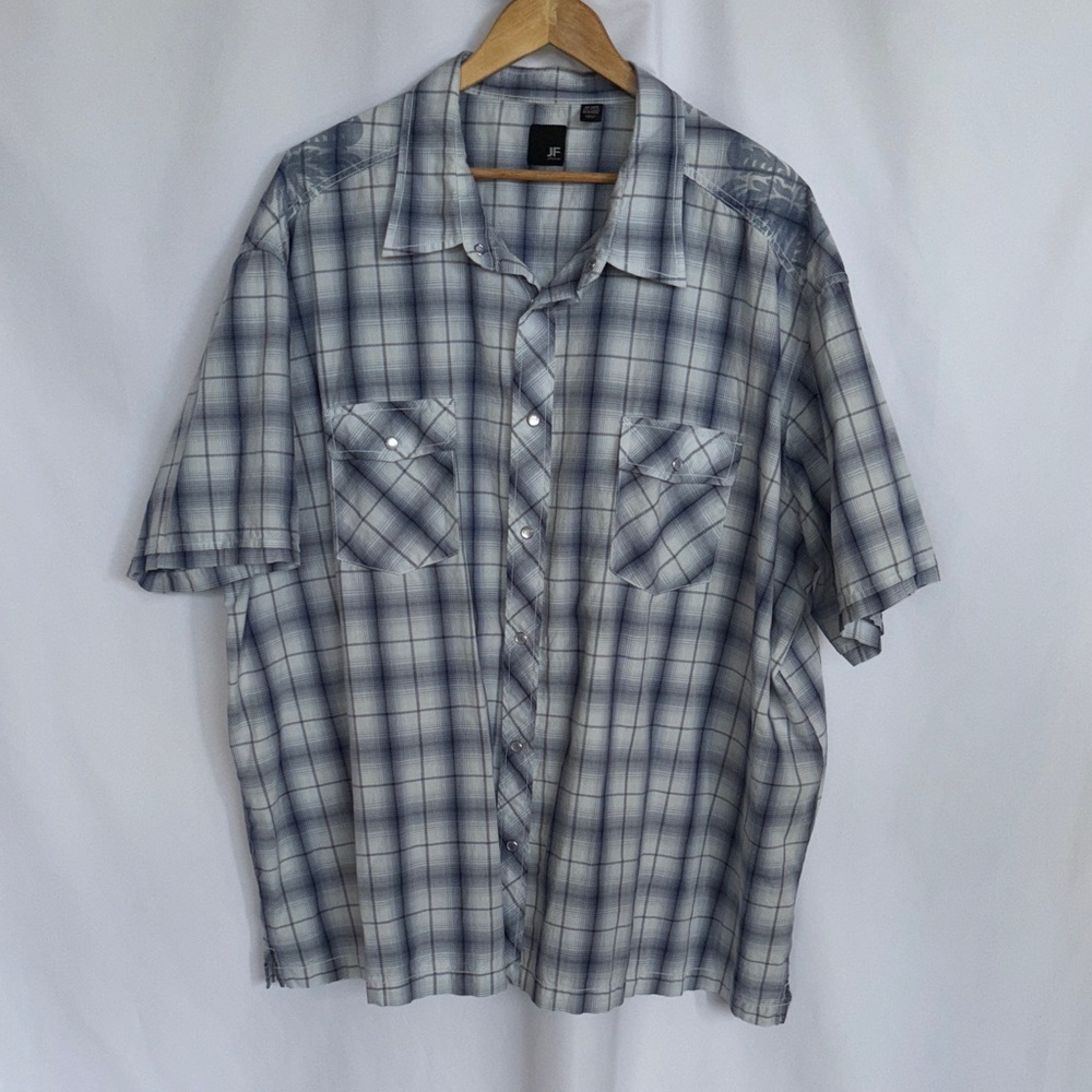 JF J.Ferrar Men's Blue and White Checkered Casual Shirt Shiny Snaps Size 4XL EUC